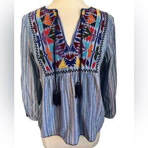 Anthropologie Laia Charlie Blue Boho Top w/stripes & embroidered detail Size XS